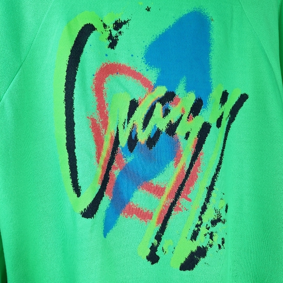 Vintage 80s Neon Green Sweatshirt "Crazy" Graphic Print Size Medium Mens Womens - Picture 3 of 6